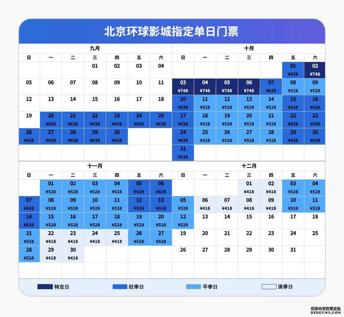 北京环球影城4档门票价格公布：淡季418元、平季528元、旺季638元、特定日748元